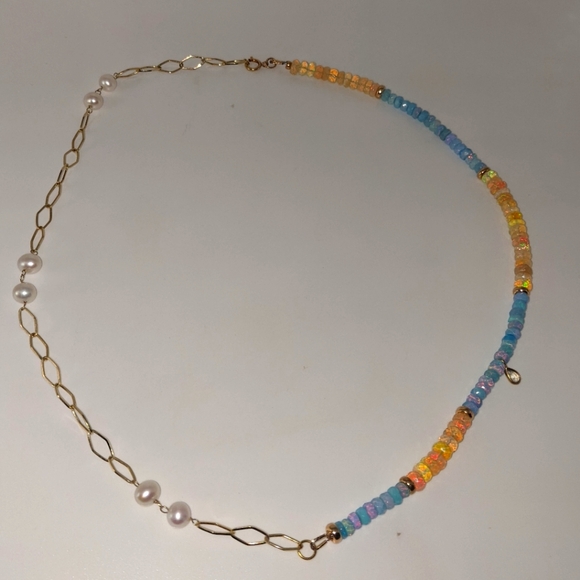 14k Yellow Gold Opals & Blue Opal Pearl Link Necklace with Moonstone Charm - Picture 2 of 16